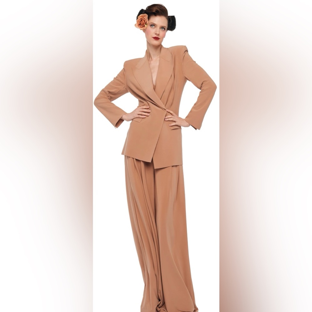 NOT FOR SALE
Norma Kamali Tan Pantsuit with Wide-Leg Design